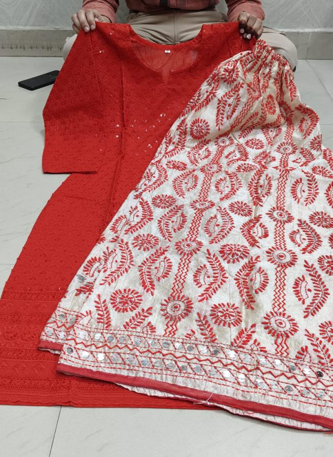 Pure Camric Cotton Red Casual Wear Chikankari Work Readymade Kurti With Plazzo